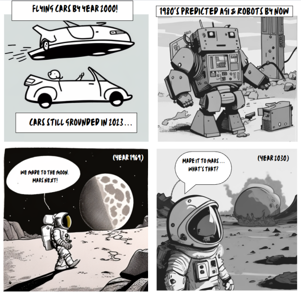 Past prediction failures: Flying cars vs grounded cars, Moon landing vs Mars prediction
